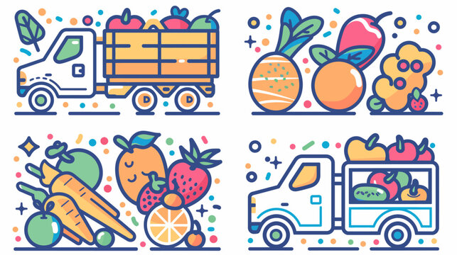 A colorful illustration featuring fruits, vegetables and delivery trucks, in a vibrant style