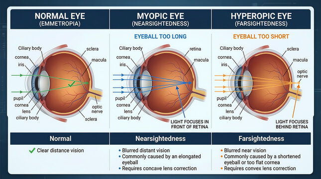 Comparative Diagram of Myopia and Hyperopia Vision Disorders with Normal Eye Anatomy