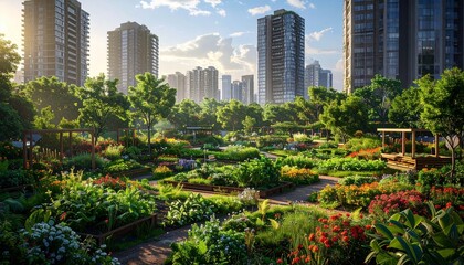 Fototapeta premium Vibrant urban rooftop garden with colorful flowers and skyscrapers in golden sunlight