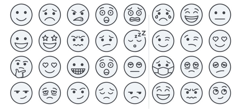 Array of diverse emoticon expressions in a clean, minimalist style. From joy to sadness, the collection captures a wide range of human emotions. 
