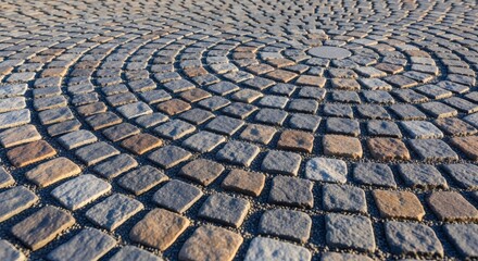 Fototapeta premium Circular cobblestone pavement pattern with weathered gray and brown stones