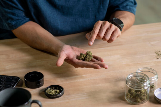 Man choosing cannabis buds, with cannabis equipment and accessories on the table