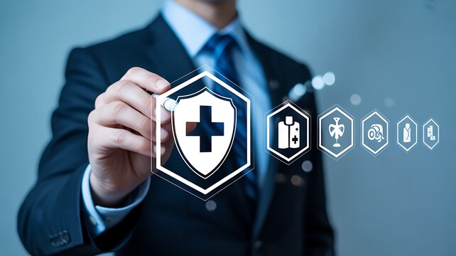 Health insurance concept represented by a businessman holding a shield with a cross icon, surrounded by healthcare symbols, illustrating protection and well-being
