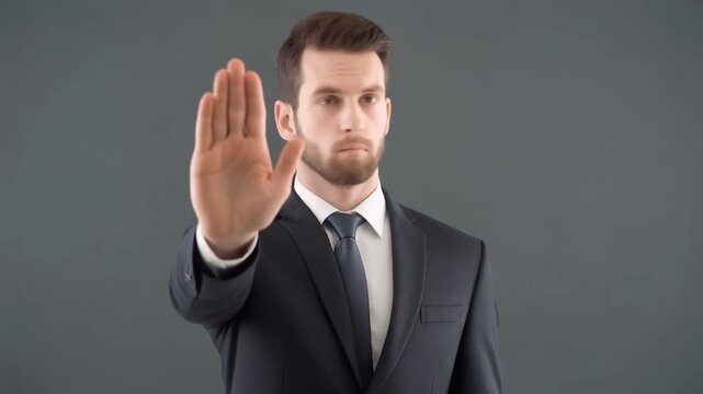 "Business professional in suit signaling stop gesture against plain gray background"