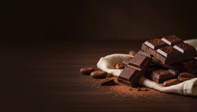 Dark Chocolate Bar Pieces Cocoa Beans Powder