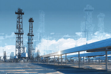 Obraz premium futuristic industrial complex with solar panels and oil derricks