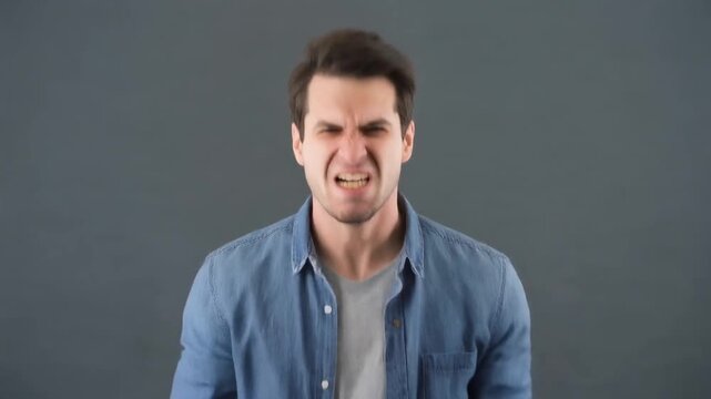 "Person in denim shirt with tense facial expression against plain gray background"
