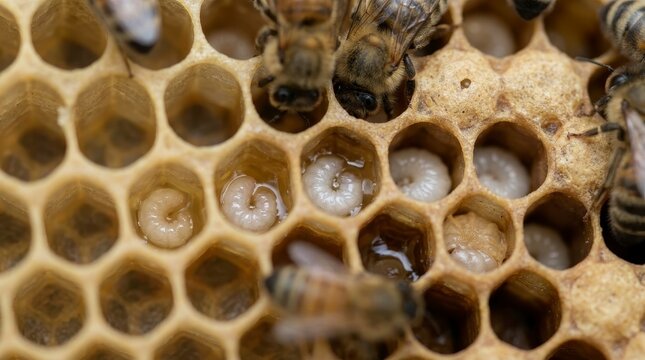 Close-up of bees and larvae in a honeycomb structure, showing the life cycle of bees.