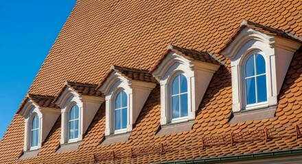 Obraz premium Row of arched dormer windows on terracotta tiled roof under clear blue sky