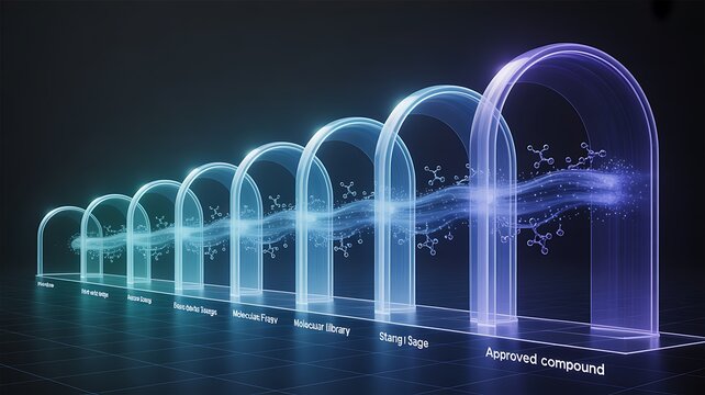 Pipeline Visualization of AI Drug Discovery Stages with Luminous Gateway Arches in Sequence from Molecular Library Through to Approved Compound in Progressive Blue Shades 
