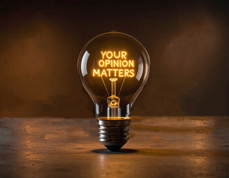 Your opinion matters - Glühbirne mit einem Glühdraht das aussieht wie das Wort "Your opinion matters"