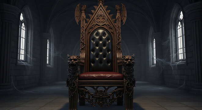 An ornate gothic throne sits within a stone hall on transparent background