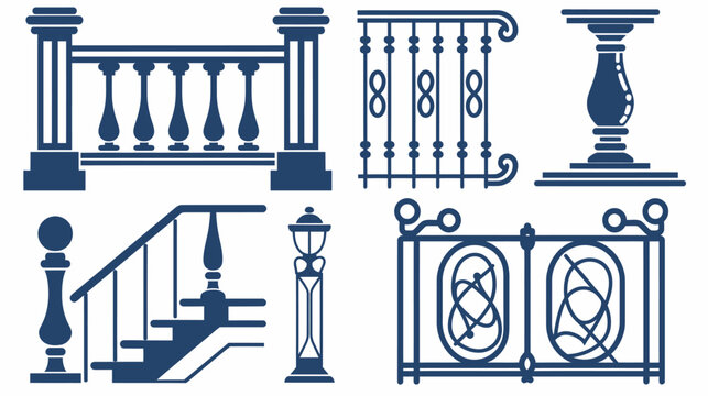 Blue architectural elements on white balustrades, stairs, lamp post, pillar, ironwork fence