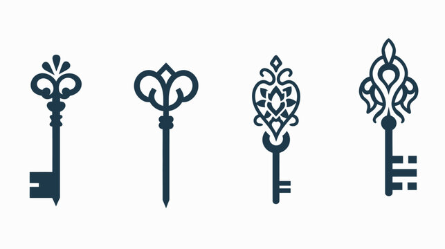 Four ornate, stylized keys arranged in a row, each with a different design on its head