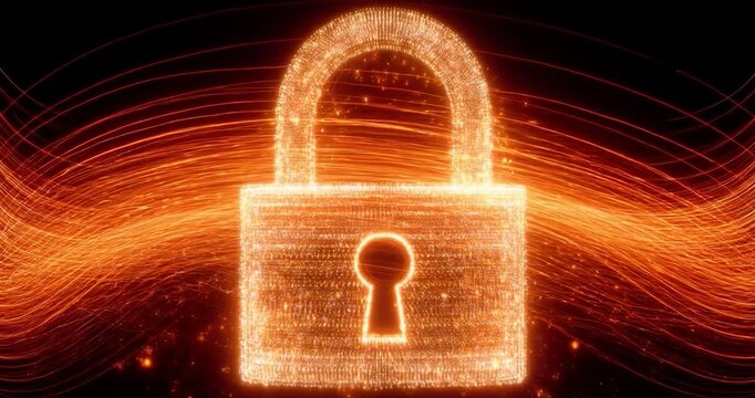 Digital Fortress: An illuminated padlock, symbolizing digital security, glows amidst a dynamic, abstract network of fiery energy.