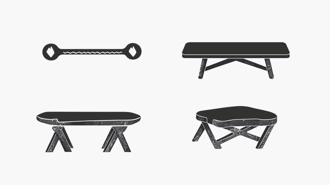 Four black illustrations a tool, two benches, and a small seat, all with white backgrounds