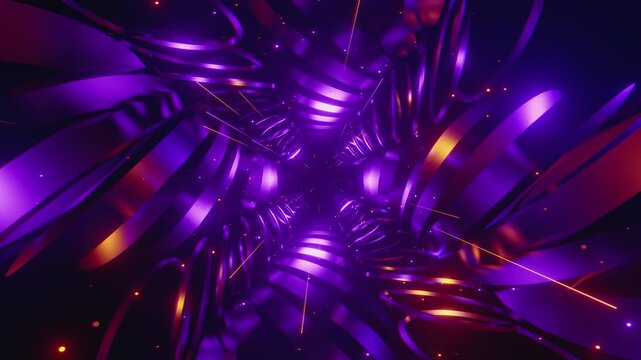 4K seamless orange and purple VJ loop with abstract high-tech polygonal rings l and glowing light streaks for VJ sets, high-tech club visuals, music festivals, stage screens, LED video walls