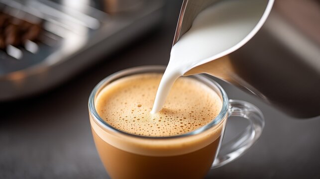 Stainless steel milk pitcher pouring silky microfoam into a clear glass cup filled with coffee on a dark countertop with coffee beans in the background