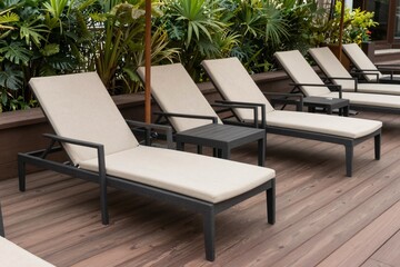 Obraz premium Relaxing Outdoor Lounge Chairs with Wooden Deck