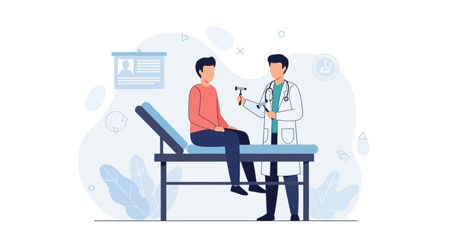 Doctor examining patient with reflex hammer in clinic, medical checkup illustration