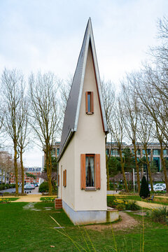 Narrow House contemporary art installation by Erwin Wurm in Square Claude Erignac, Le Havre, Normandy, France