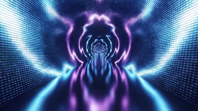 Perspective view of a symmetrical futuristic tunnel with curved walls covered in blue and purple LED lights, featuring a reflective floor and glowing light trails extending into depth.