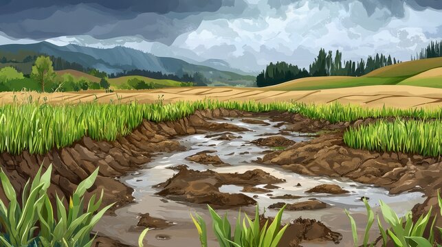 Desolate rural landscape showing severe land degradation with muddy water channels under an overcast sky