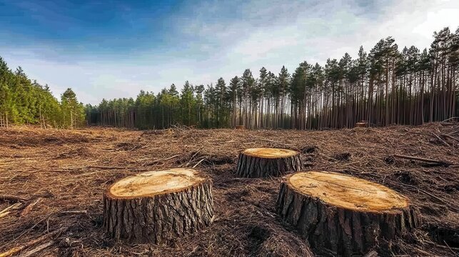 Deforested landscape showcasing prominent tree stumps and cleared land in an active logging zone under bright daylight