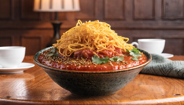 Sev Tamatar ki Sabzi - Traditional Indian Gujarati Spicy Tomato Curry with Crispy Sev