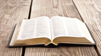 Fototapeta premium An open Bible rests on a rustic wooden table, highlighted by the soft background of the American flag symbolizing unity and freedom in the USA