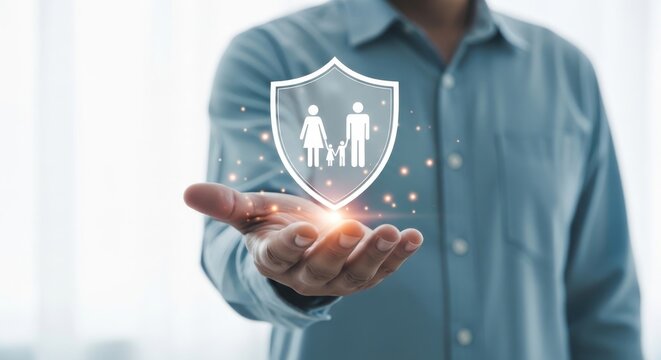Family insurance concept with glowing shield icon, man holding virtual security symbol for life protection, healthcare and financial safety planning