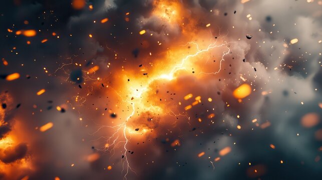 Dramatic lightning strike ignites explosive thunderstorm with fiery debris and intense electrical energy