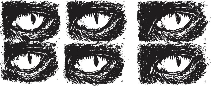 dragon eyes illustration set with intense gaze in black and white textured