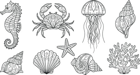 Marine life decorative line art icon set with seahorse crab jellyfish shells starfish and coral ocean elements collection © SALMA
