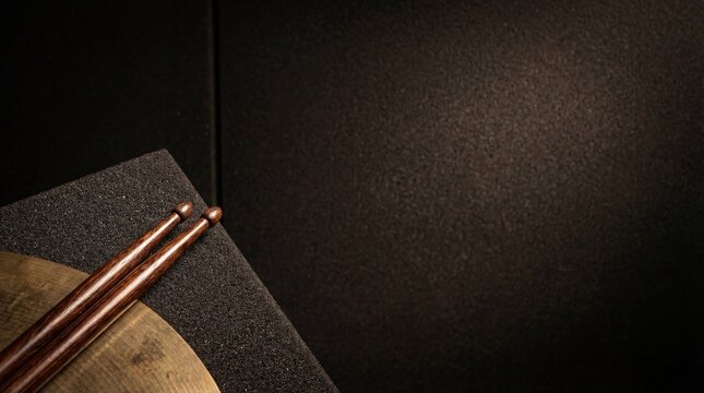 Wooden drumsticks and metal cymbal on soundproof foam for music design