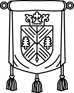 Medieval banner with heraldic shield and crown, decorative tapestry with tassels