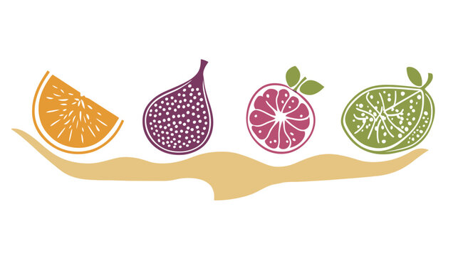 A stylized illustration features various colorful fruits arranged above a curved beige shape