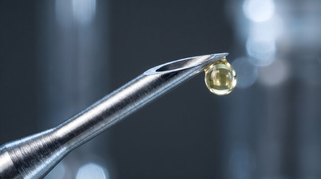 Precision medical syringe needle holding tiny yellow drop under macro lighting