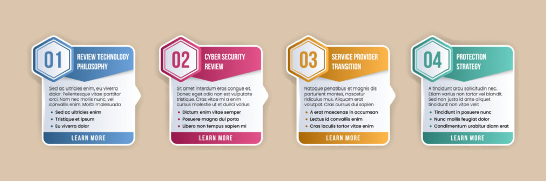 Four modern step infographic design. business workflow flowchart with hexagons with icons and text boxes. colorful vector illustration template.