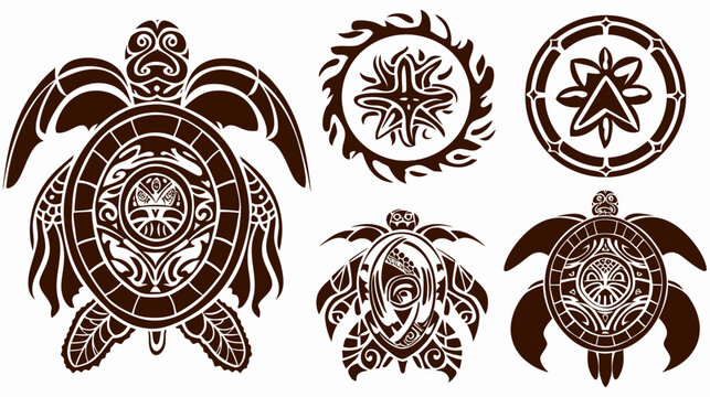Brown detailed line art featuring turtles and circular symbols on white backdrop