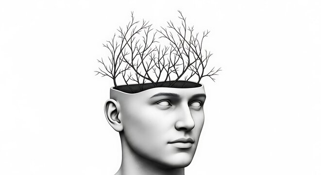 Man with tree branches on head.