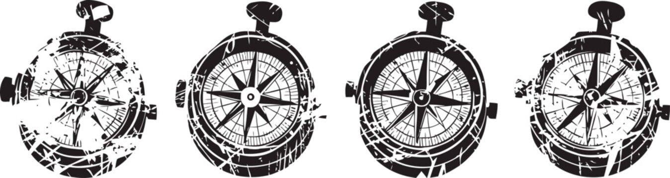 vintage nautical compasses in black and white illustration set with different orientations