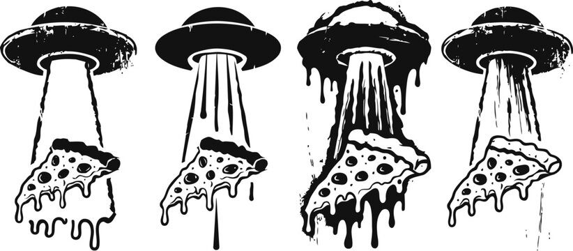 alien spaceship abducting melting pizza slice in surreal black and white illustration