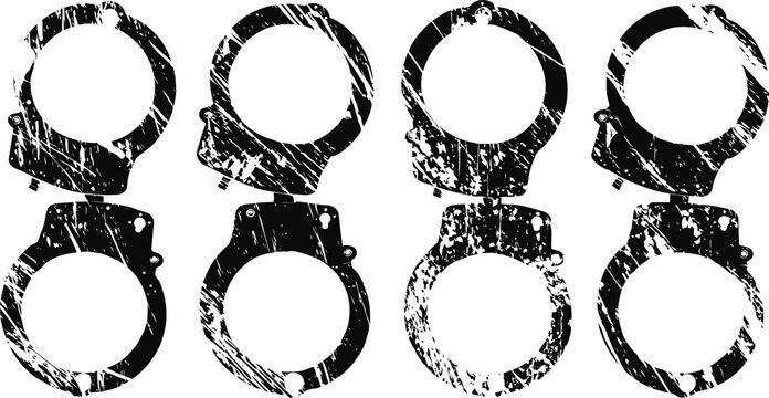 Grunge silhouette of four metal handcuffs in a row on white background