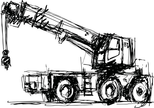 Sketch of a mobile crane truck with extended boom and hook, construction machinery illustration
