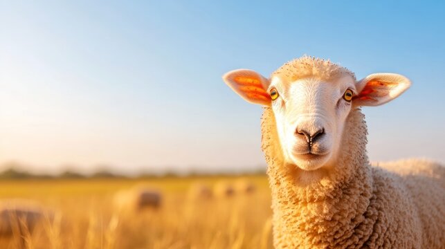 Sheep in the Sunlight: A serene sheep with a fluffy coat stands in a field illuminated by the soft glow of the sun, gazing directly into the camera lens with curiosity and calm.