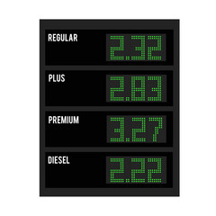 Fototapeta premium Fuel price on pixel screen isolated on white background. Mockup gasoline cost digital numbers on LCD billboard. Vector stock