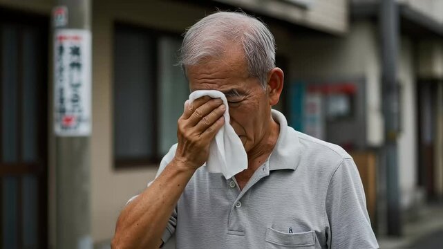 真夏の日差しに耐えながら汗を拭う高齢男性、熱中症に注意する日常