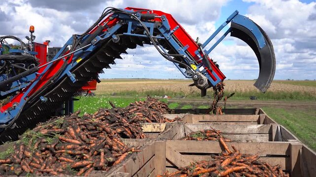 Modern Harvester Loading Fresh Organic Carrots into Wooden Crates on Tractor. Smart farming. Modern organic food production and agribusiness logistics. Search CARROT-HARV-2025 for more clips.
