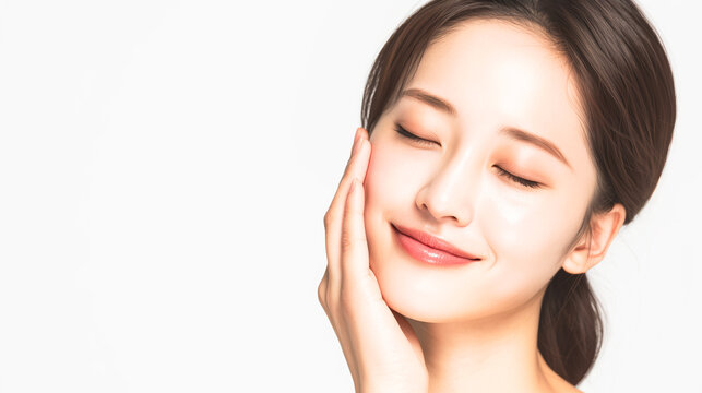 目を閉じて優しく微笑み、顔に手を添える女性